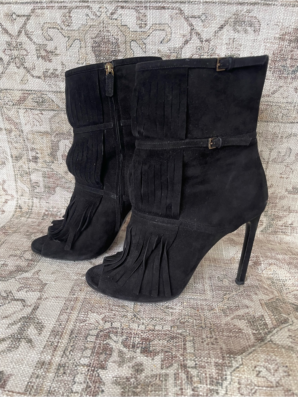 Gucci Black Suede Fringe Peep-Toe Stiletto Ankle Boots
